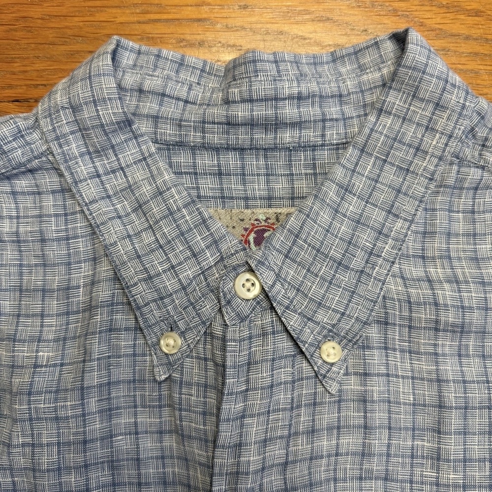 Vintage Territory Ahead Men Large 100% Linen Blue Check Button Shirt Lightweight